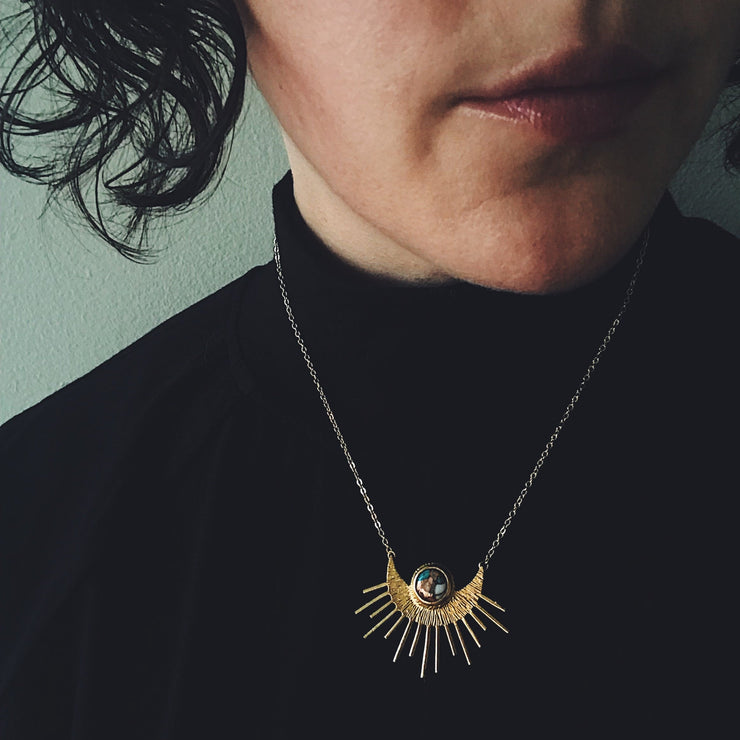 Sun Goddess Necklace - Sun Pendant with Copper Oyster Turquoise