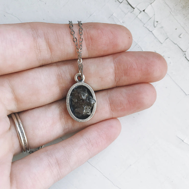 Oval Raw Meteorite Pendant Necklace in Matte Brushed Silver