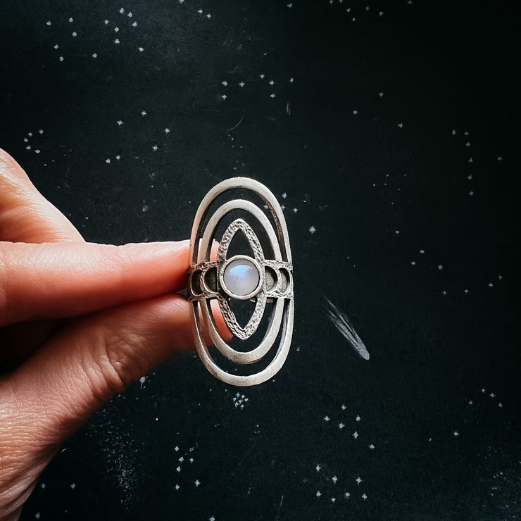 Cosmic Ripple Ring with Rainbow Moonstone and Phases of the Moon