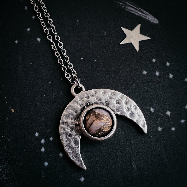 Pink Moon Crescent Necklace with Pink Copper Opal