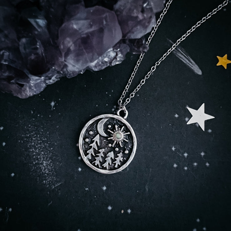 Starry Forest Night Pendant Necklace with Opal