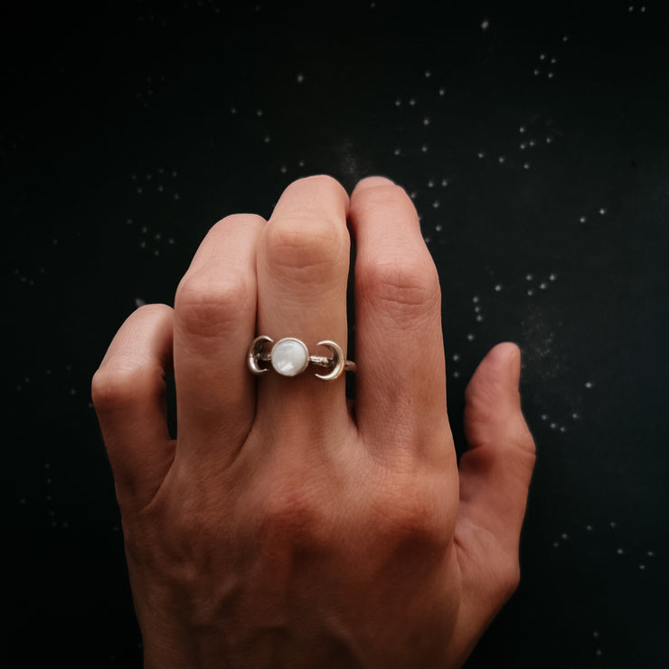 Lunar Witch Crescent Moon Ring with Rainbow Moonstone