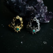 Cosmic Dance Ring with Turquoise, Moon Phases, and Sun