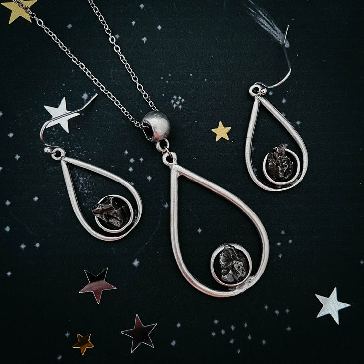 Meteorite Jewelry Set - Teardrop Necklace and Earrings